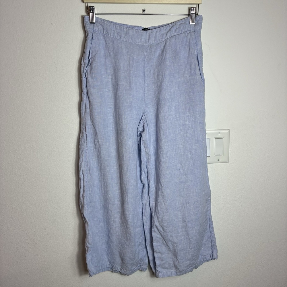 Tahari 100% Linen Wide Leg Crop Pull On Pants Light Blue Size Large Coastal